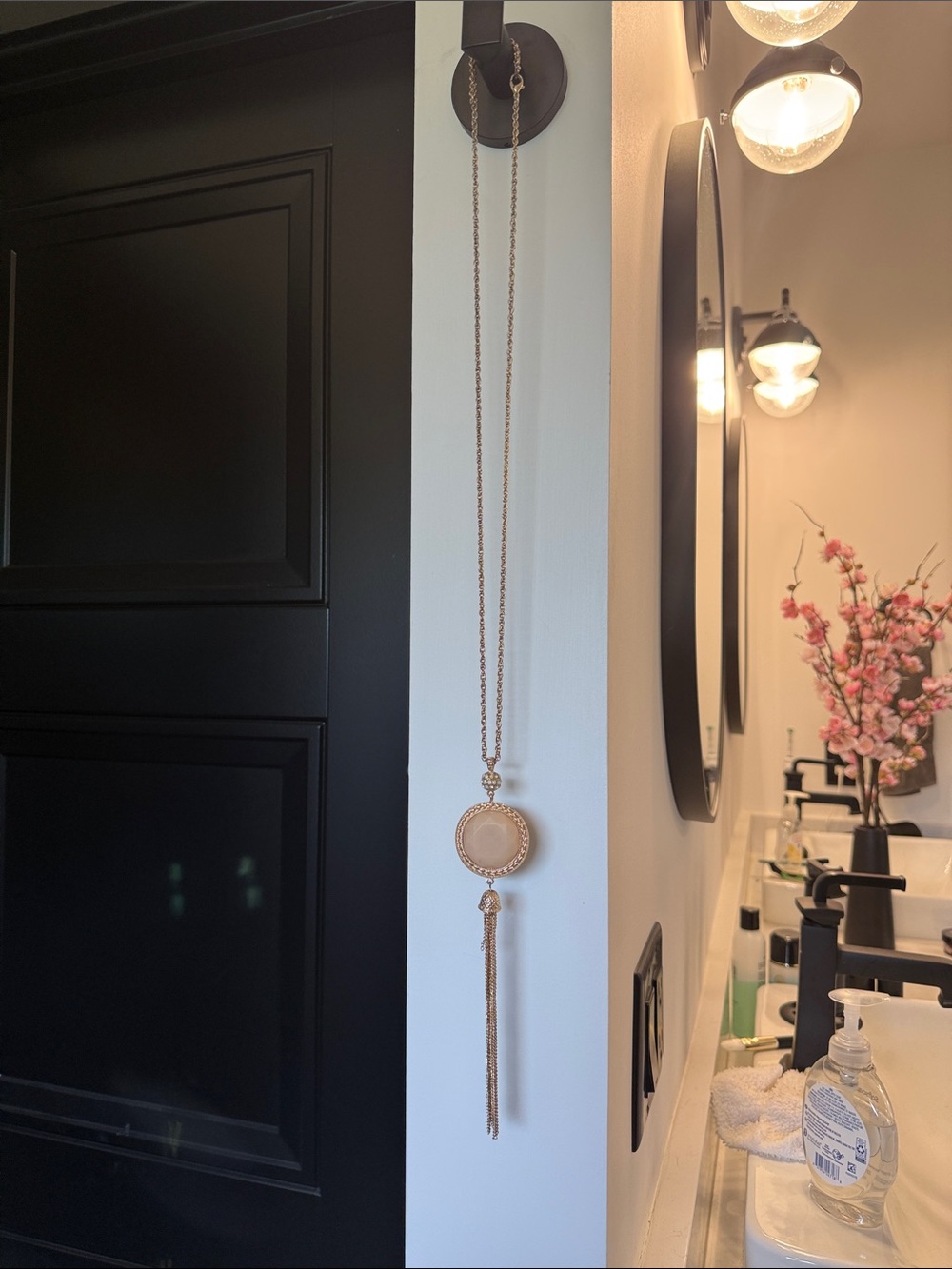Long Gold Pendant Necklace with Round Tassel Medallion REVERSIBLE